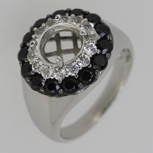 Sterling Silver Semi Mount Ring Setting Round RD 8x8mm Double Halo Black Spinel & White Topaz Accent