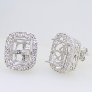 2 Pieces Sterling Silver Semi Mount Earrings Setting Cushion CU 12x10mm Jacket Stud Halo W/ White Topaz