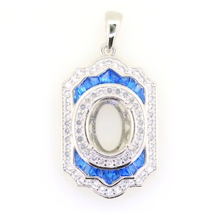 Sterling Silver Semi Mount Pendant Setting Oval OV 11x9 Halo Baguette Corundum & White Topaz