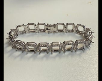 Sterling Silver Semi Mount Tennis Bracelet Setting Square Emerald SQ 6x6mm Halo