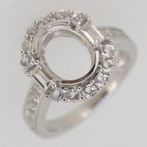 Sterling Silver Semi Mount Ring Setting Oval OV 10x8mm Baguette Halo