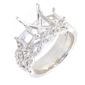 Sterling Silver Semi Mount Ring Setting Emerald OCT 10X8mm SQ5x5 2 Piece Set 3 Stone Engagement Ring Swirl Cross Shank