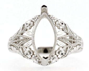 Custom Sterling Silver Semi Mount Ring Setting Cabochon Marquise MQ 14x7mm 4 prongs Art Deco Style