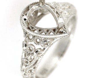 Sterling Silver Semi Mount Ring Setting Pear PE 8x6.10mm Art Deco Style