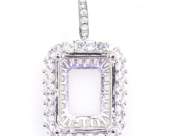 Sterling Silver Semi Mount Pendant Setting Emerald OCT9.0x11x5.8 Halo W/ White Topaz