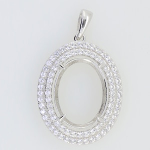 Sterling Silver Semi Mount Pendant Setting Oval OV 16x12mm Double Halo White Topaz