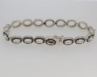 Sterling Silver Semi Mount Tennis Bracelet Setting Oval OV 7x5mm Halo w/ Black Spinel