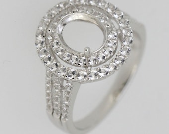 Montura de anillo semielaborada de plata de ley, forma ovalada OV de 9 x 7 mm, anillo tipo halo con acento de topacio blanco.