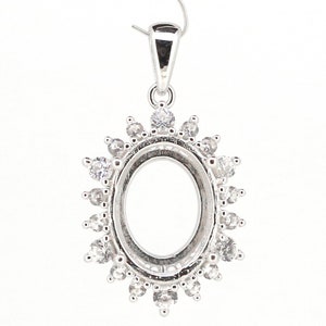 Sterling Silver Semi Mount Pendant Setting Oval OV 15x11mm Halo W/ White Topaz