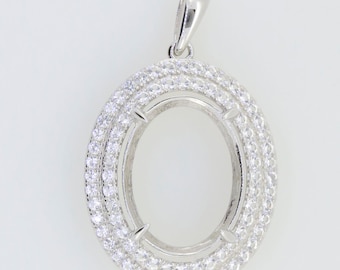 Sterling Silver Semi Mount Pendant Setting Oval OV 10.70x8.71x5.58mm Double Halo Moissanite