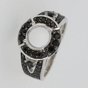 Sterling Silver Semi Mount Ring Setting Round RD 8x8mm Split Shank Halo Black Spinel Accent