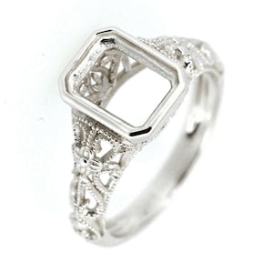 Sterling Silver Semi Mount Ring Setting Emerald OCT 9x7mm Art Deco Style