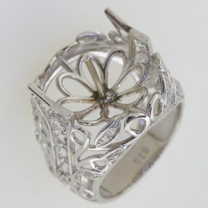 Sterling Silver Semi Mount Ring Setting Pearl Round RD 18x18mm Art Nouveau Style White Topaz