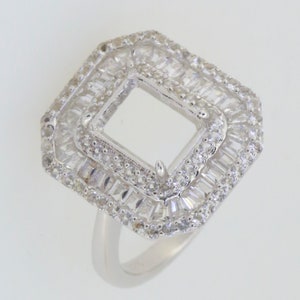 Sterling Silver Semi Mount Ring Setting Emerald OCT 9x7mm Baguette Triple Halo