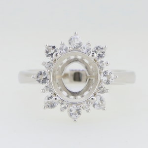 Sterling Silver Semi Mount Ring Setting Oval OV 10x8mm Halo W/ D Color Moissanite Accent