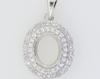 Sterling Silver Semi Mount Pendant Setting Oval OV 10.70x8.71x5.58m Double Halo Moisanite