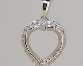 Sterling Silver Semi Mount Pendant Setting Heart HT 19x21.2x6.6mm Halo W/ White Topaz