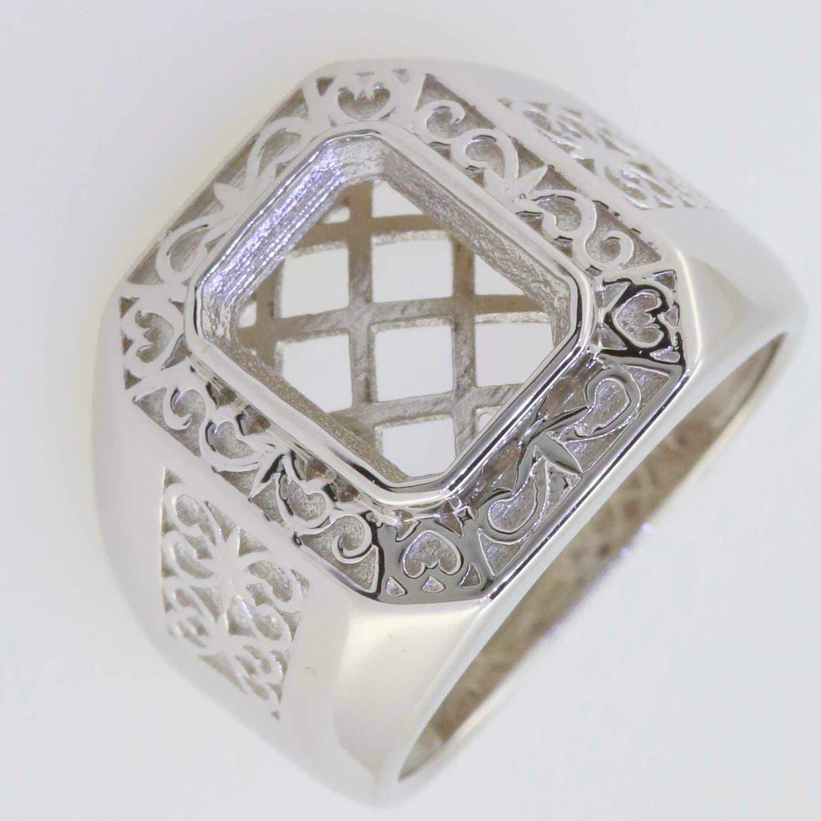 Men's Sterling Silver Semi Mount Ring Setting Emerald OCT 10x8mm Male Ring  fleur de lis