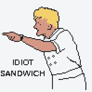 Pode incluir: Ilustração pixelizada de um chef apontando, com o texto "IDIOT SANDWICH" abaixo. O chef tem cabelo loiro e usa um casaco de chef branco. O estilo é de desenho animado.