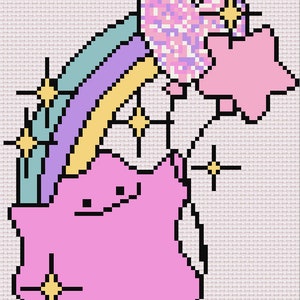 May include: A pink pixelated cartoon character with a rainbow above it. The character has a star-shaped body and a small, happy face. There are several yellow stars around the character and rainbow.