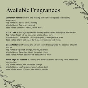 May include: A list of available fragrances on a light green background. The text includes fragrance names like Cinnamon Vanilla, Fizz + Glitz, Ocean Water, and White Sage + Lavender, along with their scent notes. Decorative floral elements are in the corners.