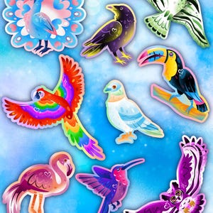 Puede incluir: Una colección de pegatinas de aves coloridas, incluyendo un pavo real, un loro, un tucán y un búho. Las pegatinas presentan tonos vibrantes de azul, rosa, verde y morado, con detalles de corazón. El fondo es un lavado de acuarela azul claro.