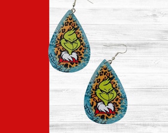 Teardrop Earrings, Christmas Earrings, Grinch Earrings, Holiday Earrings, Faux Leather Earrings, Unique Earrings, Drop Dangle Earrings,