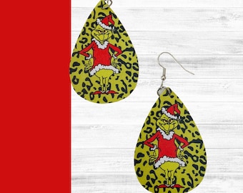 Teardrop Earrings, Christmas Earrings, Holiday Earrings, Grinch, Faux Leather Earrings,Unique Earrings, Drop Dangle Earrings,Grinch Earrings