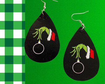 Grinch Faux Leather Earrings, Christmas Earrings, Grinch Teardrop Earrings, Faux Leather Earrings, Fun Earrings, Drop Dangle Earrings, Fun