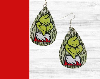 Christmas Earrings, Holiday Earrings, Grinch Christmas, Teardrop Earrings, Faux Leather Earrings, Fun Earrings, Drop Dangle Earrings, Grinch