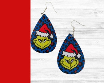 Grinch Earrings,Teardrop Earrings, Christmas Earrings, Holiday Earrings, Faux Leather Earrings, Unique Earrings, Drop Dangle Earrings,
