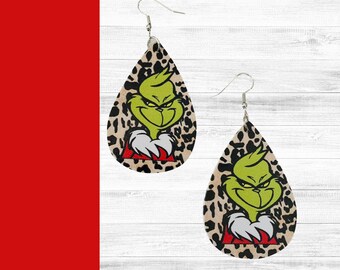 Christmas Earrings, Holiday Earrings, Grinch Christmas, Teardrop Earrings, Faux Leather Earrings, Fun Earrings, Drop & Dangle Earrings