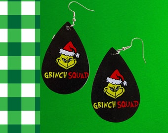 Grinch Earrings, Christmas Earrings, Grinch Squad Earrings, Teardrop Earrings, Faux Leather Earrings, Fun Earrings, Drop Dangle Earrings