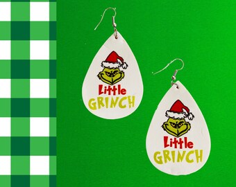 Little Grinch Earrings, Christmas Earrings, Grinch Earrings,Teardrop Earrings,Faux Leather Earrings, Cute Earrings, Drop Dangle Earrings,Fun