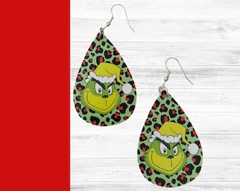 Teardrop Earrings, Christmas Earrings, Holiday Earrings, Grinch Christmas, Faux Leather Earrings, Fun Earrings, Drop Dangle Earrings, Grinch