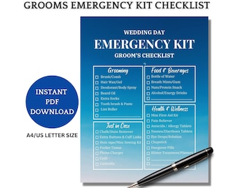 May include: A checklist for a groom's emergency kit for a wedding day. The checklist is divided into three sections: Grooming, Food & Beverages, and Health & Wellness. Each section has a list of items to pack, such as a brush, comb, hair wax, deodorant, breath mints, pain reliever, and more.