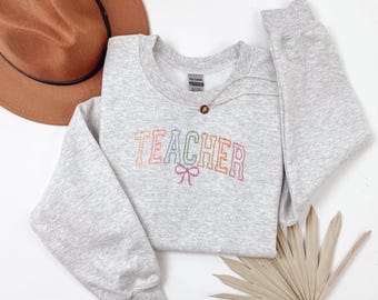 Teacher Embroidered Crewneck Sweatshirt, Multi Colored, Custom Gildan 180