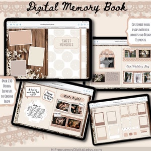 May include: Digital memory book on tablets, with customisable layouts and design elements. Features photo frames, text overlays, and the text "SWEET MEMORIES". Includes the text "OVER 230 DESIGN ELEMENTS TO CHOOSE FROM".
