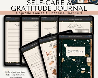 May include: A digital planner for a 30-day self-care and gratitude journal. The planner includes a habit tracker, a bucket list, and daily journal pages. The cover features a green and gold marble design with the text "Self-Care Journal".