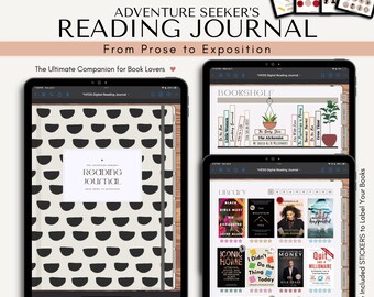 May include: Digital reading journal with a black and white geometric cover. The journal is designed for book lovers and includes sections for bookshelves, library, and reading logs. The journal is available as a digital download.
