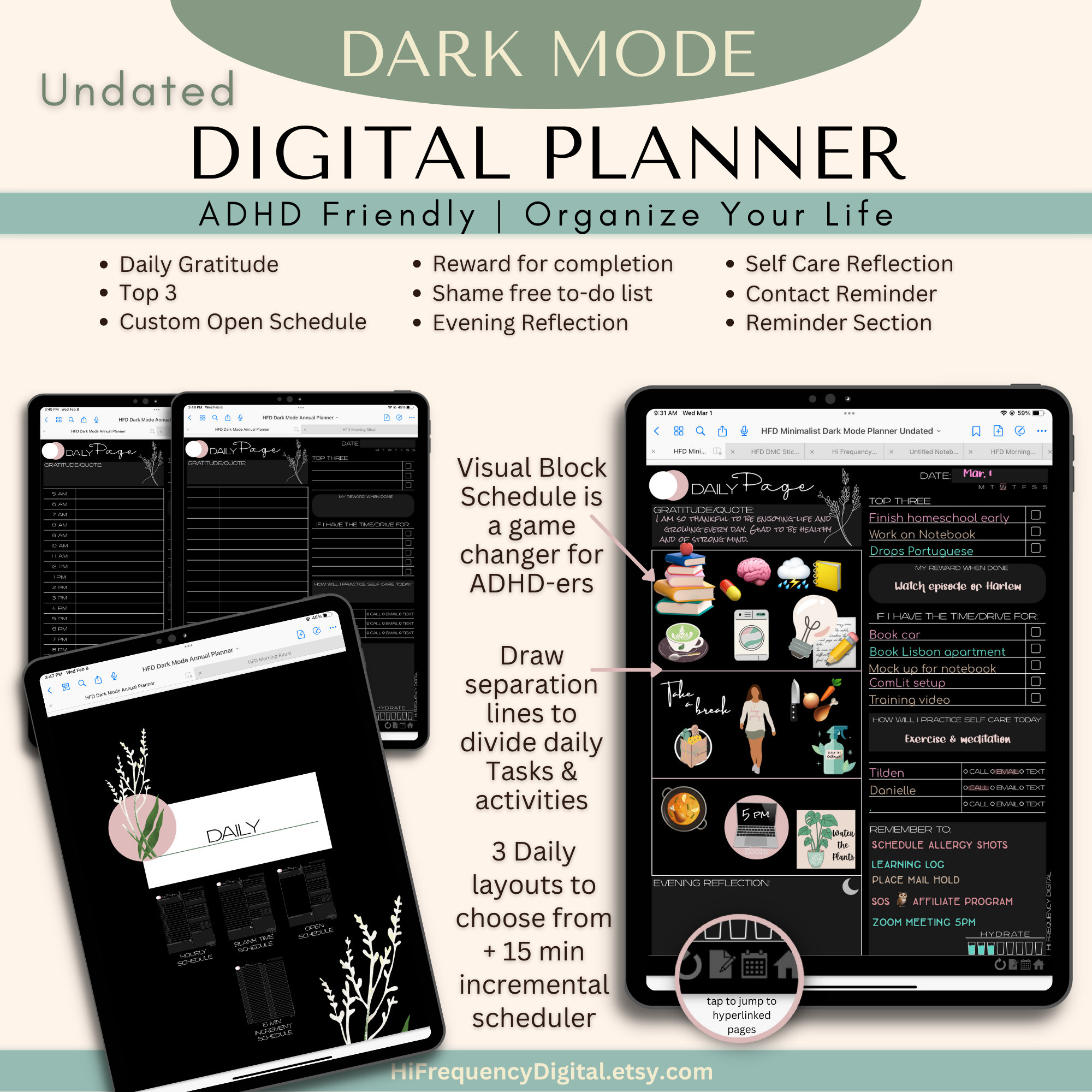 Minimalist Dark Mode Digital Planner: Daily Adhd-friendly Annual ...