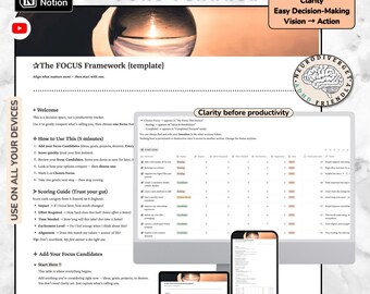 May include: A digital goal planner displayed on a laptop, tablet, and smartphone. The planner features the text "FOCUS & PRIORITY GOAL PLANNER" and "The FOCUS Framework (template)". The image also includes the text "Clarity Easy Decision-Making Vision → Action".