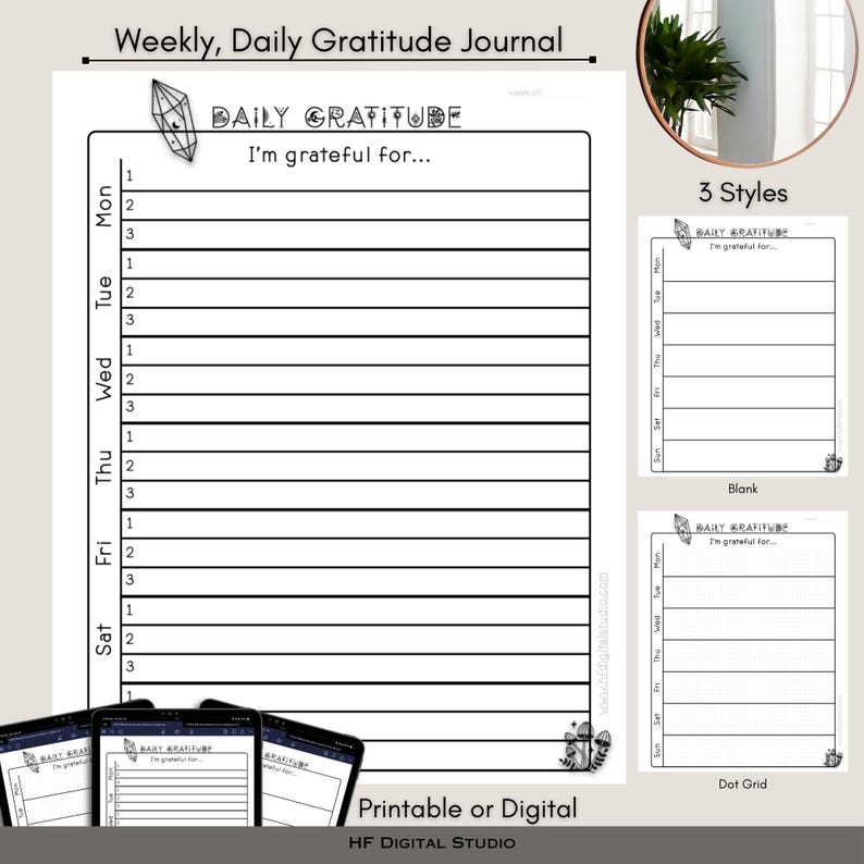 Weekly Gratitude Journal Printable & Digital Insert: 3 Styles, Daily ...