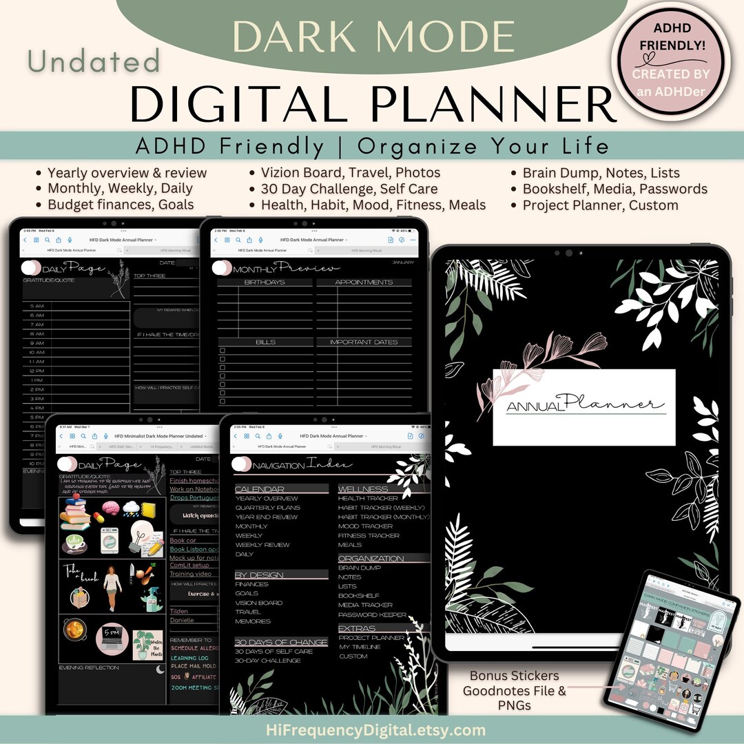Minimalist Dark Mode Digital Planner: Daily Adhd-friendly Annual ...