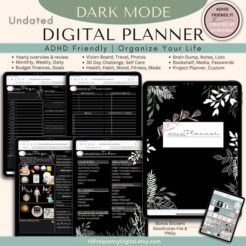 Minimalist Dark Mode Digital Planner: Daily Adhd-friendly Annual ...