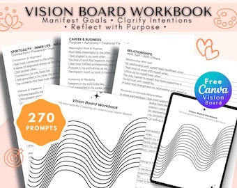印刷可能なビジョンボードワークブック、人生の輪ジャーナル270項目、2026年ビジョンボードプロンプトPDF、目標達成のためのプランナー挿入物PDF