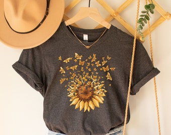 Sunflower Butterfly Shirt, Butterfly Tee, Mothers Day Gift Shirt, Sunflower Shirt, Floral V-neck, Flowers Gift T-shirt, Botanical Tee,Flower