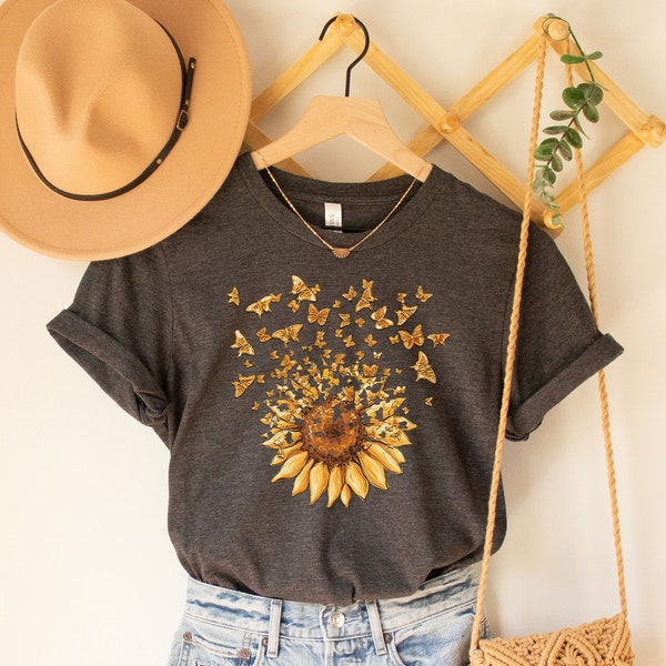 Sonnenblume Schmetterling Shirt, Schmetterling T-Shirt, Muttertagsgeschenk Shirt, Sonnenblume Shirt, Floral V-Ausschnitt, Blumen Geschenk T-Shirt, Botanisches T-Shirt,Blume