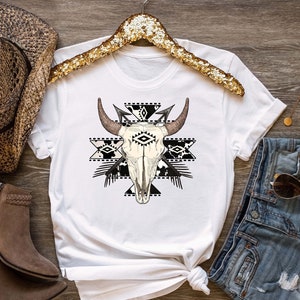 Cow Skull Shirt, Western Aztec Bull Skull Shirt, Rodeo T-shirt,Country Shirt, Boho Cow Skull, Western Gift, Cowgirl Shirt,Southern Tee,Rodeo