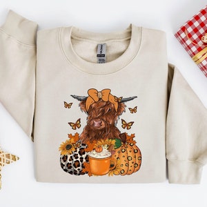 Herbstliches Kürbis-Highland-Kuh-Sweatshirt, Herbst-Kuh-Print-T-Shirt, Herbst-Sweatshirt, Hemden für den Herbst, Hemden für den Herbst, Kuh-Herbstpullover